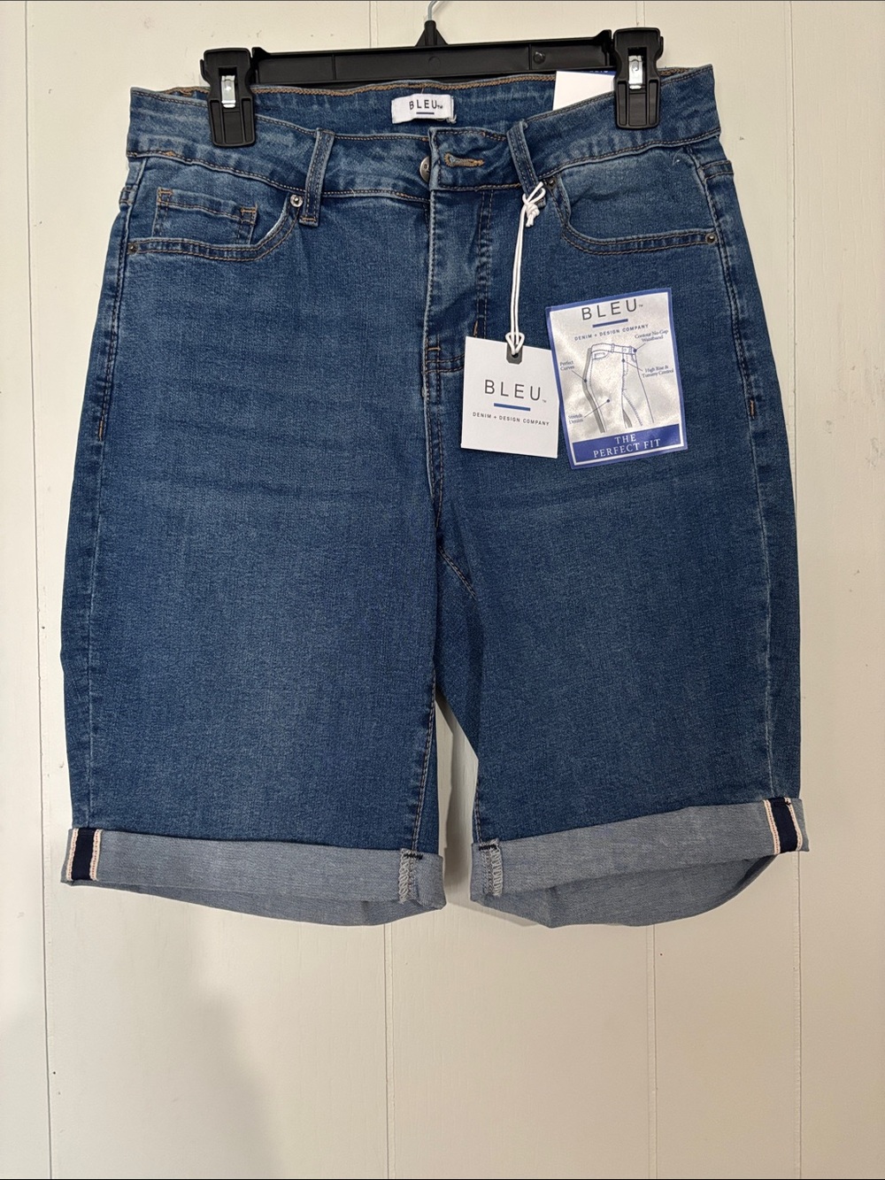 Mid-Rise Dark Blue Denim Roll-Cuff Jean Shorts